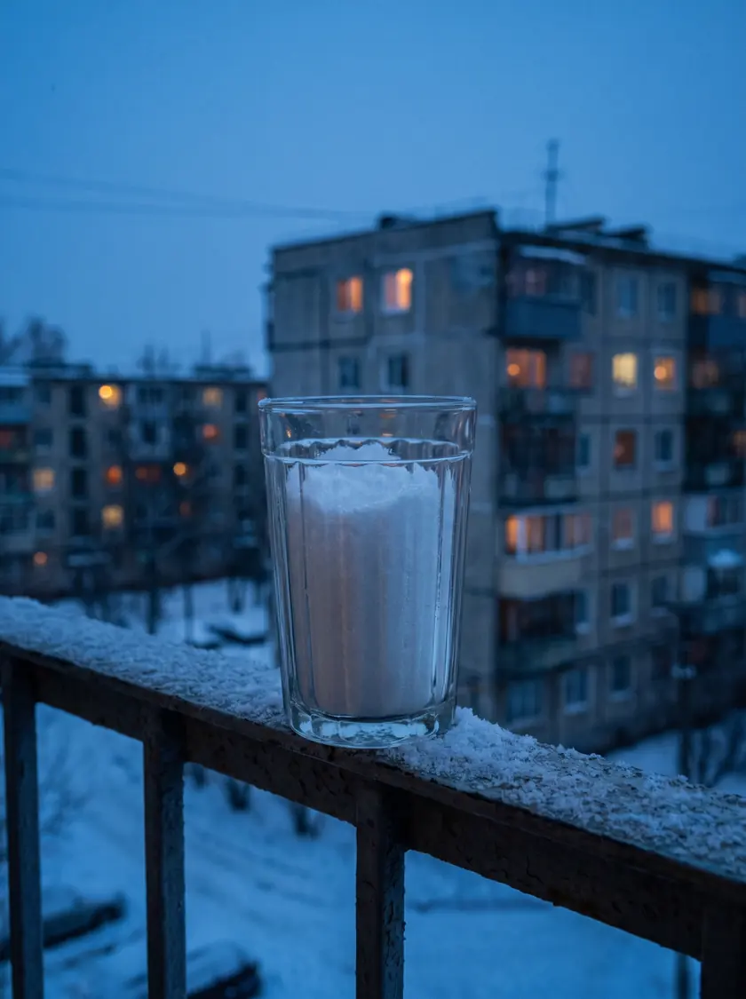 Стакан со снегом на балконе зимой